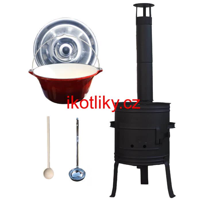 Litinový kotlík 10 L se smaltovanou úpravou + nízká žáruvzdorná kotlina 33 cm PLUS 700 + vařečka a naběračka