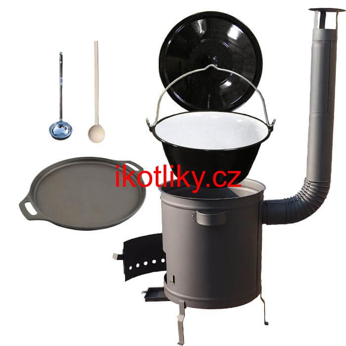 Smaltovaný kotlík 20 L (1,2 mm) + Litinová pánev 43 cm + silnostěnná (1,5 mm) a žáruvzdorná kotlina 42 PLUS 600