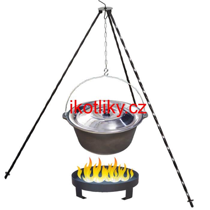 Litinový kotlík 10,8 L + nerezová poklice  + trojnožka 1,2 m + ohniště 36 cm