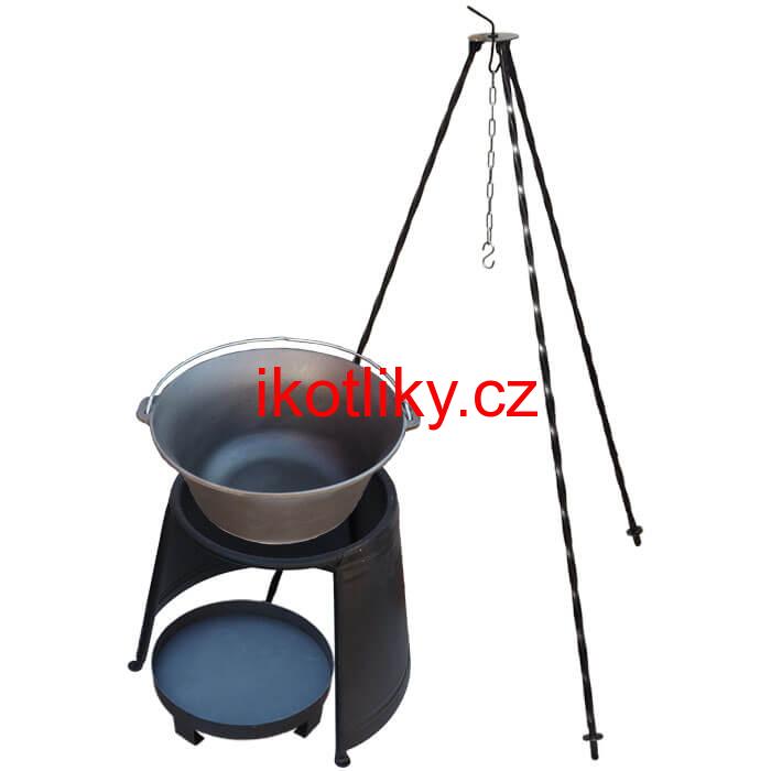 Litinový kotlík 7,2 L + chránič plamene 32 cm + ohniště 36 cm + trojnožka 1,2 m