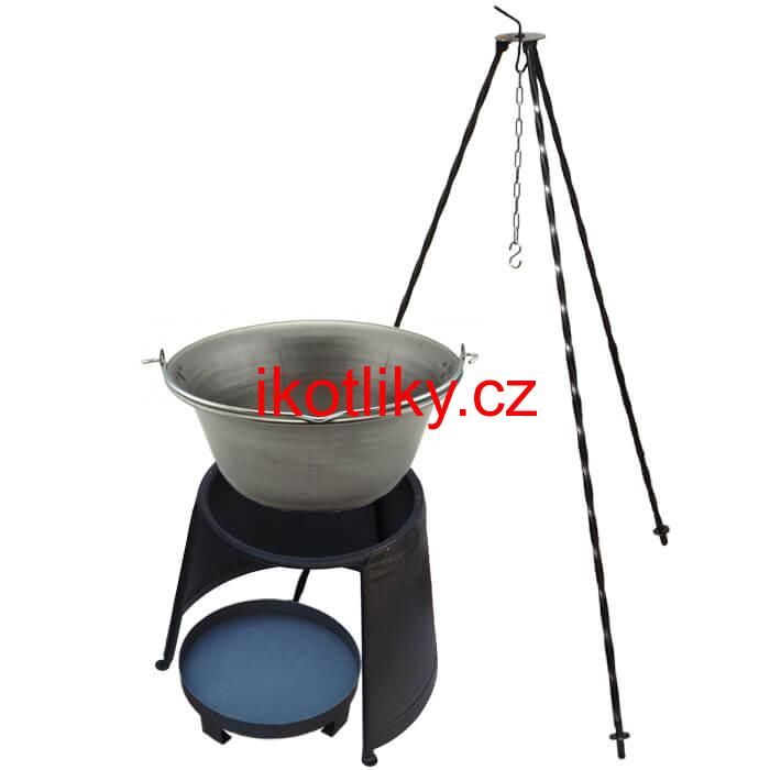 Železný kotlík 14 L (0,75 mm) + chránič plamene 37 cm + ohniště 36 cm + trojnožka 1,2 m
