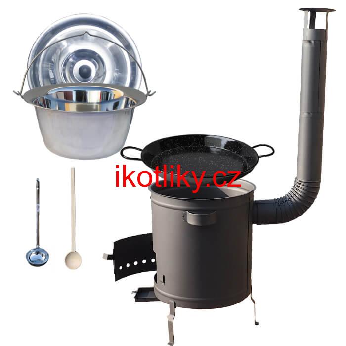Nerezový kotlík 14 L (0,8 mm) + Paella pánev 38 cm + silnostěnná (1,5 mm) žáruvzdorná kotlina (1,5 mm) 36 PLUS 600