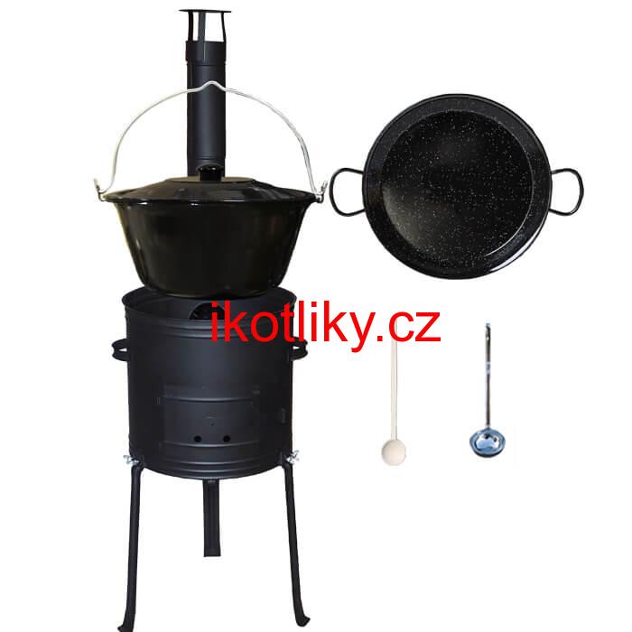 Smaltovaný kotlík 20 L + Paella pánev 46 cm + kovová kotlina s vysokými nožičkami 42 cm, žáruvzdorná barva Plus 700