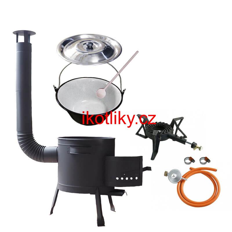 Smaltovaný kotlík (1,2 mm) 30 L + litinový hořák 5,5 kW + nízká kotlina 45 PLUS 600 + nerezová poklice INOX