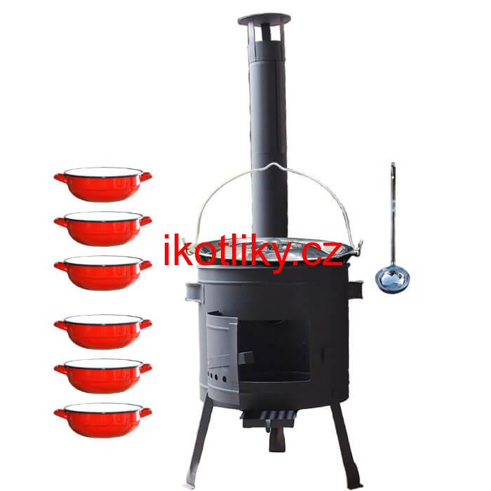Smaltovaný kotlík 13 L + selské misky 6 ks + nízká žáruvzdorná kotlina 36 cm PLUS 600