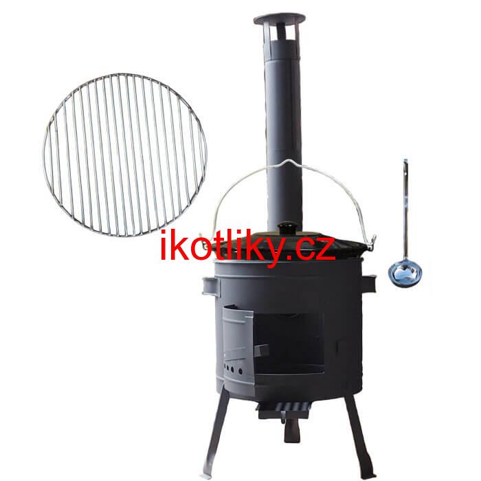 Smaltovaný kotlík 20 L + Nerezový rošt 45 cm + nízká žáruvzdorná kotlina 42 cm PLUS 600