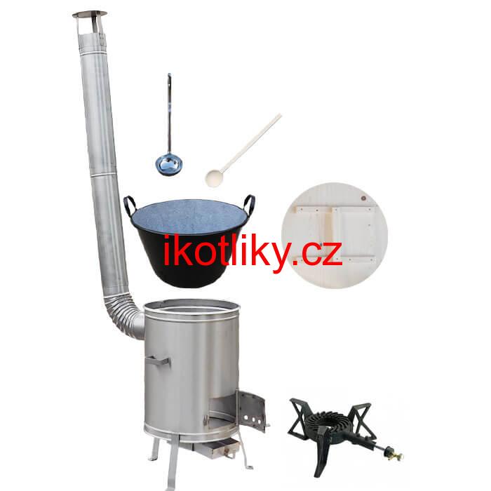 Zabijačkový smaltovaný kotel 100 L + nerezová kotlina 60 cm + hořák 7 kW + vařečka a naběračka