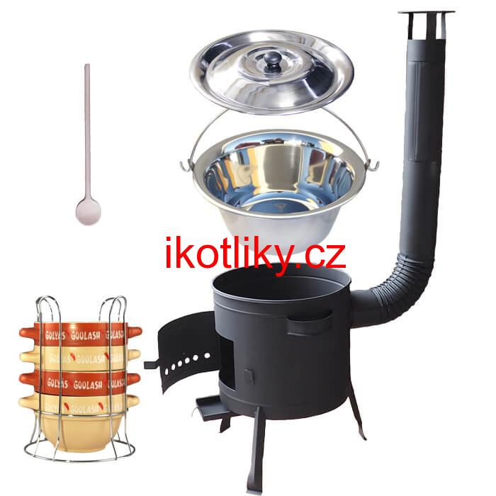 Nerezový kotlík 22 L (0,8 mm) INOX + misky na guláš 4 ks + nízká žáruvzdorná kotlina 42 PLUS 600