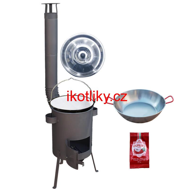 Smaltovaný kotlík 22 L + Pánev PAELLA (WOK) 45 cm + sladká paprika 50 g + žáruvzdorná kotlina 42 PLUS 600 s roštem na popel 4 mm