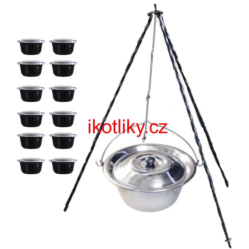 Nerezový kotlík 8 L (0,8 mm) INOX + poklice + trojnožka 1,20 m + misky 12 ks