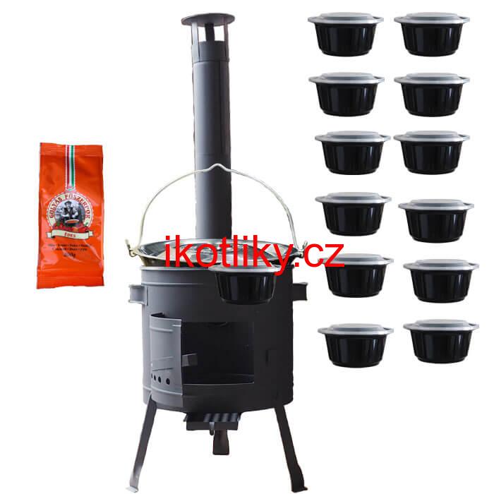 Smaltovaný kotlík 25 L (1,2 mm) + poklice + misky 12 ks + nízká žáruvzdorná kotlina (0,8 mm) 42 PLUS 600