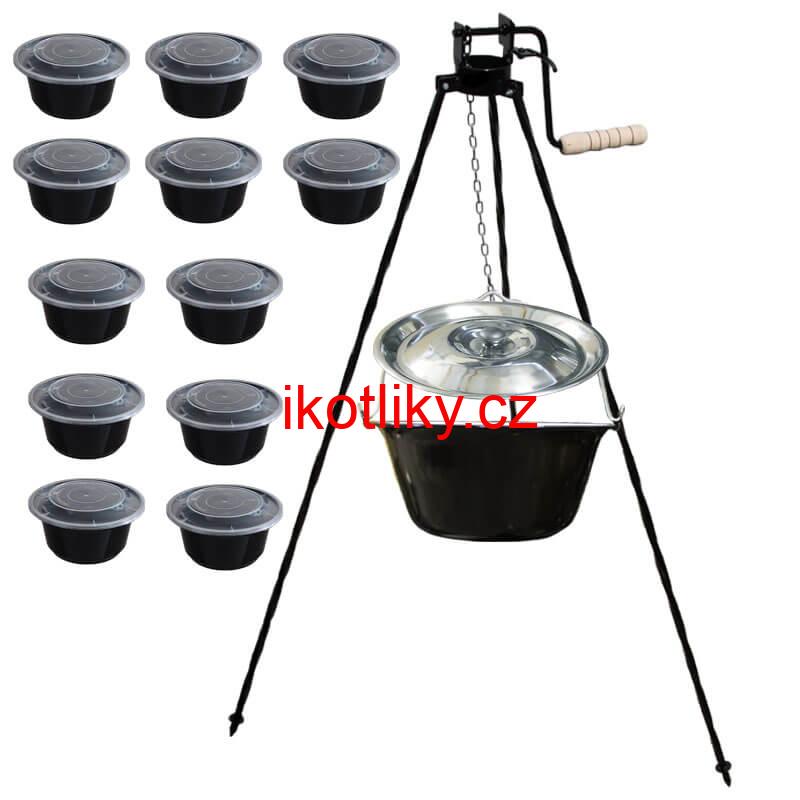 Smaltovaný kotlík 20 L + stojan s kladkou VAR + misky 12 ks