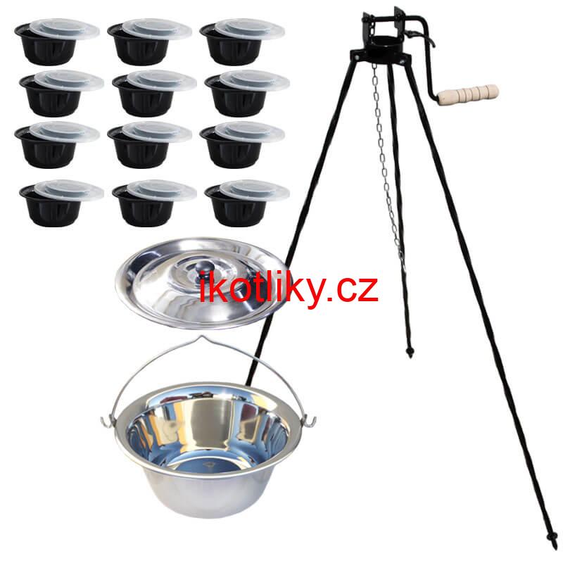 Nerezový kotlík 14 L (0,8 mm) INOX + stojan s kladkou VAR + misky 12 ks