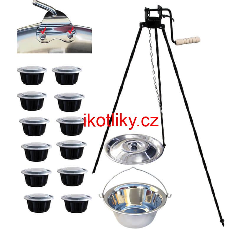 Nerezový kotlík 15 L (0,8 mm) s nýty + stojan s kladkou VAR + misky 12 ks