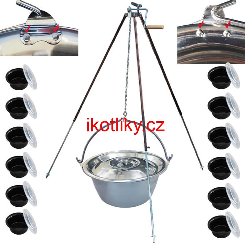 Nerezový kotlík 30 L (0,8 mm) s nýty + teleskopická trojnožka s pojistnou kladkou + misky 12 ks