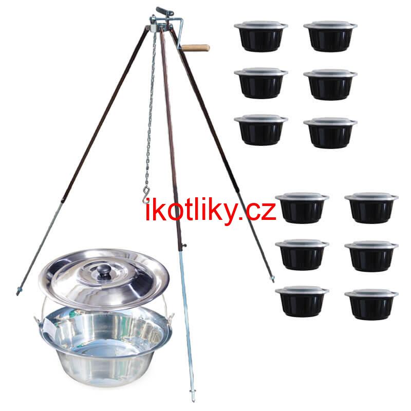 Nerezový kotlík 30 L (1,2 mm) + teleskopická trojnožka s pojistnou kladkou + misky 12 ks