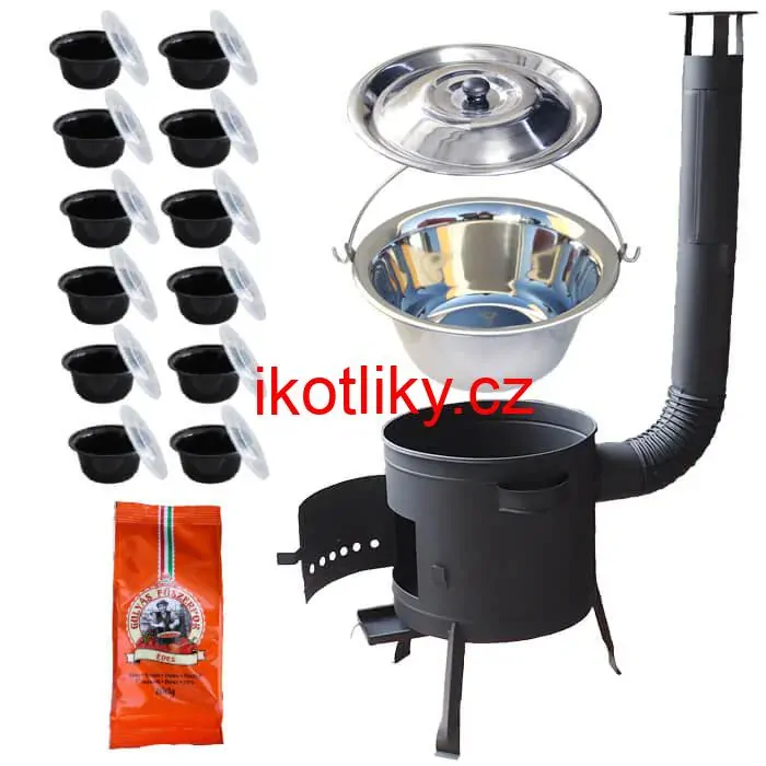 Nerezový kotlík 22 L (0,8 mm) INOX + silnostěnná (1,5 mm) žáruvzdorná kotlina BALKY STRONG 42 PLUS 600 + misky 12 ks + paprikové koření na guláš 100 g