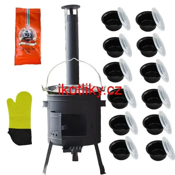 Smaltovaný kotlík 22 L (1,2 mm) + misky 12 ks + nízká žáruvzdorná kotlina (0,8 mm) 42 PLUS 600