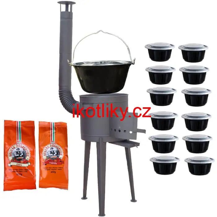 Smaltovaný kotlík 22 L (1,2 mm) + vysoká žáruvzdorná kotlina (1,5 mm) HODO 42 cm PLUS 600 + misky 12 ks + 2 x pepř na guláš 100 g