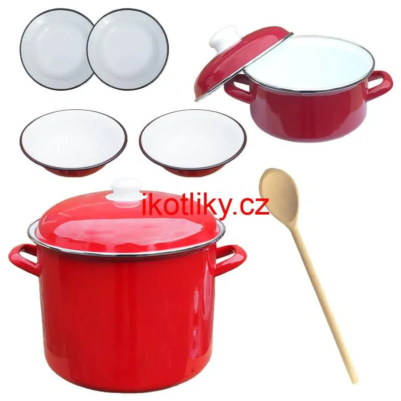 Smaltovaný hrnec s poklicí 4 l + Smaltovaný kastrol s poklicí 2 L + talíře Classic