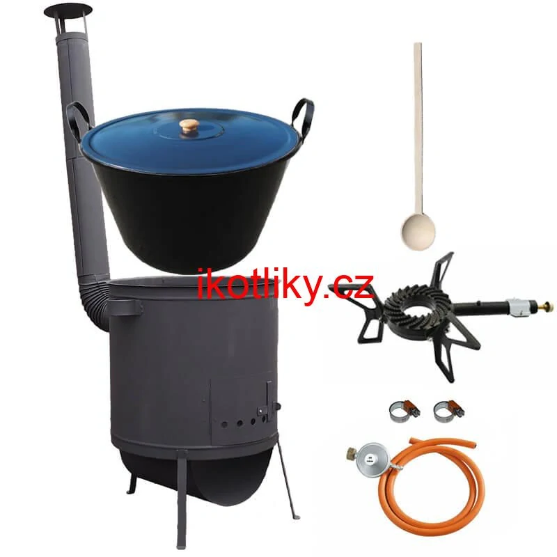 Smaltovaný kotel 70 L na zabijačku + žáruvzdorná kotlina 53 PLUS 600 4 MM + hořák 7,5 kW + vařečka