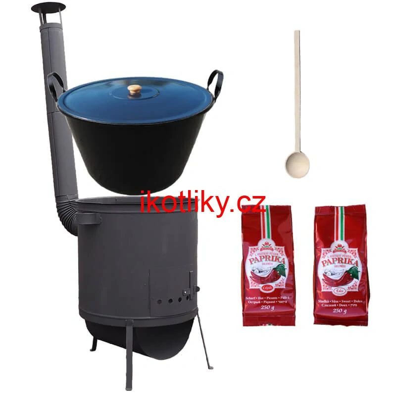 Smaltovaný kotel 60 L na zabijačku + žáruvzdorná kotlina 53 PLUS 600 4 MM + sladká a pálivá paprika (2 x 250 g) + vařečka