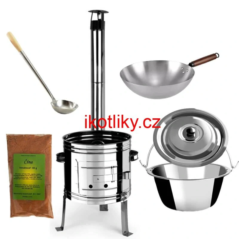 Nerezový kotlík 10 L (0,8 mm) + nerezová kotlina 31 INOX + Wok + koření 50 g