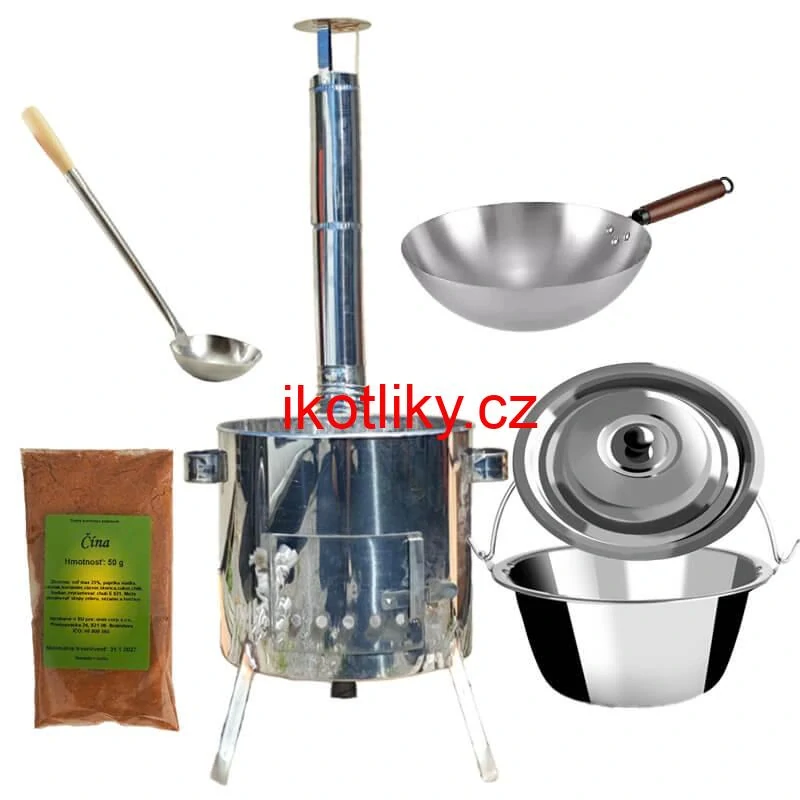 Nerezový kotlík 10 L (0,8 mm) + nerezová kotlina 31 INOX LUSTRO + Wok + koření 50 g