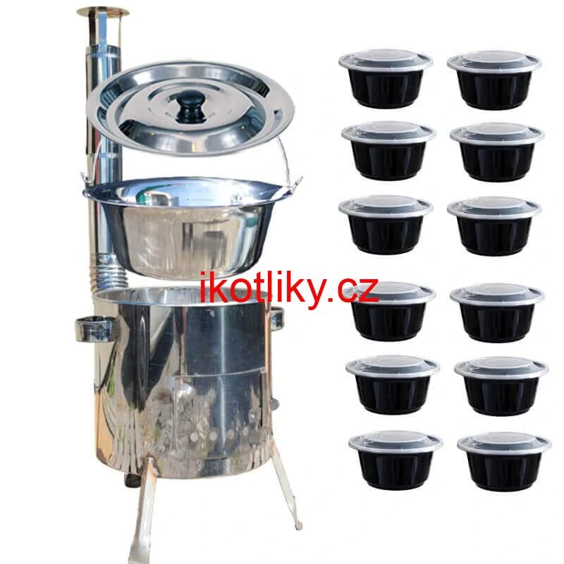 Nerezový kotlík 14 L (0,8 mm) INOX + Nerezová kotlina 36 INOX LUSTRO + misky 12 ks