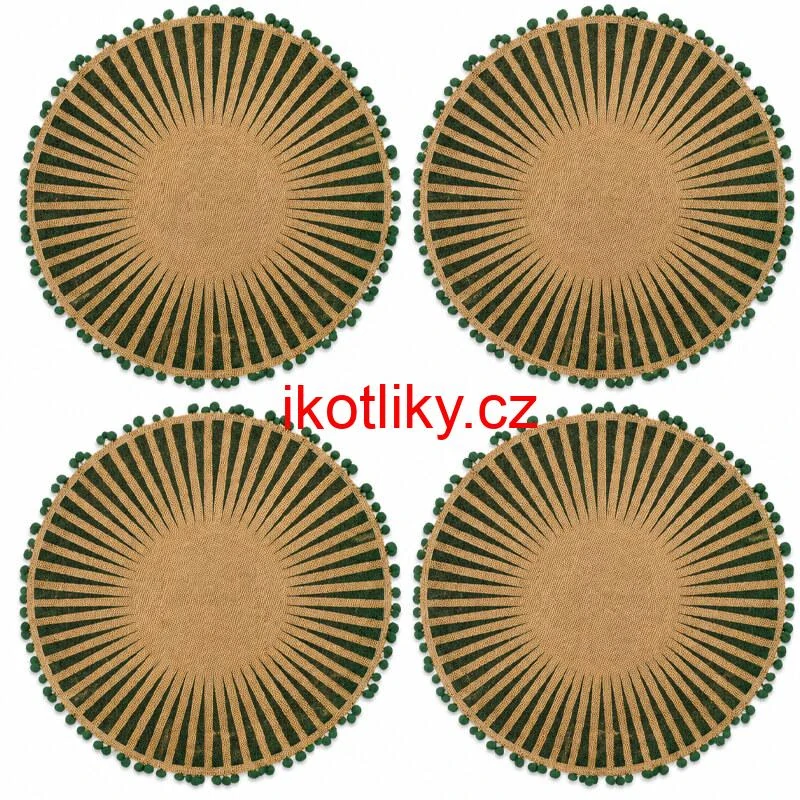 Kulaté jutové podložky pod talíř zelené s bambulkami 37 cm, 4 ks