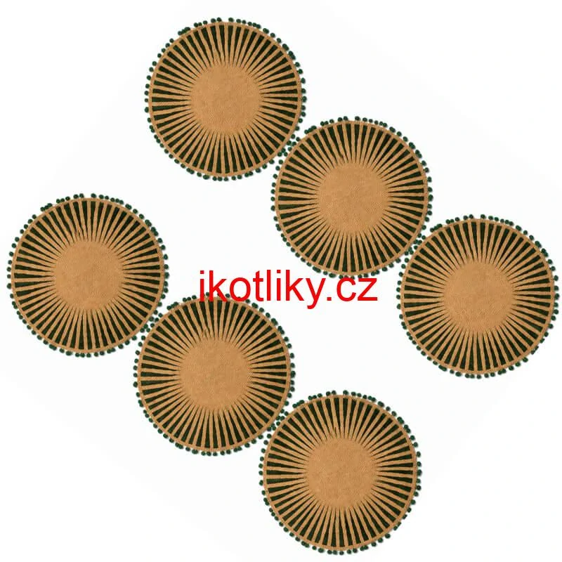 Kulaté jutové podložky pod talíř zelené s bambulkami 37 cm, 6 ks