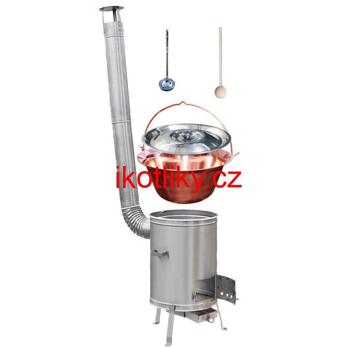 Měděný kotlík 10 L (1,2 mm) + nerezová kotlina 36 cm + vařečka a naběračka LUX