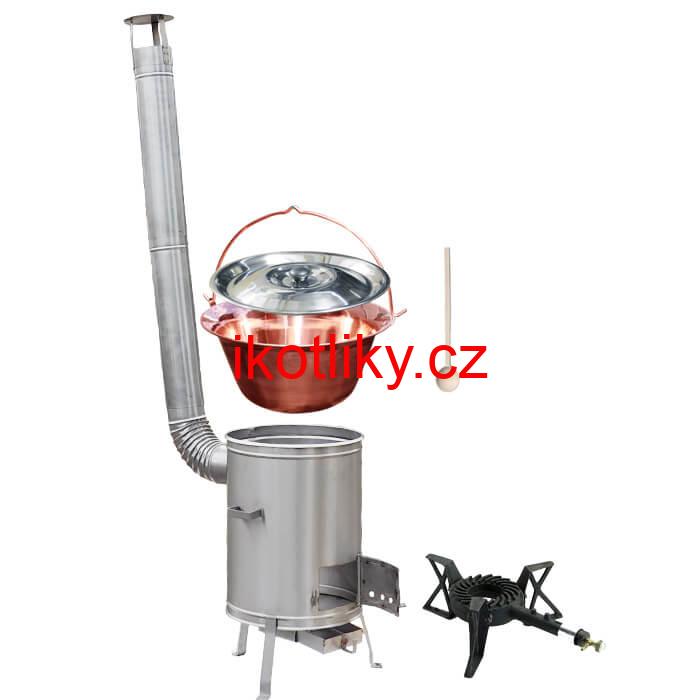 Měděný kotlík 10 L (1,2 mm) + nerezová kotlina 36 cm + litinový hořák 7 kW, vařečka LUX