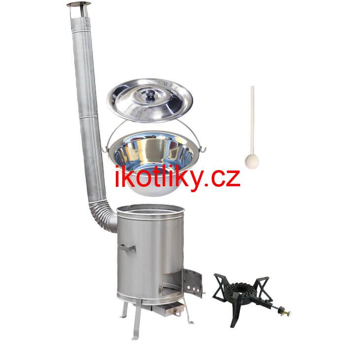 Nerezový kotlík 20 L (1,2 mm) + nerezová kotlina 42 cm + litinový hořák 7 kW, vařečka LUX