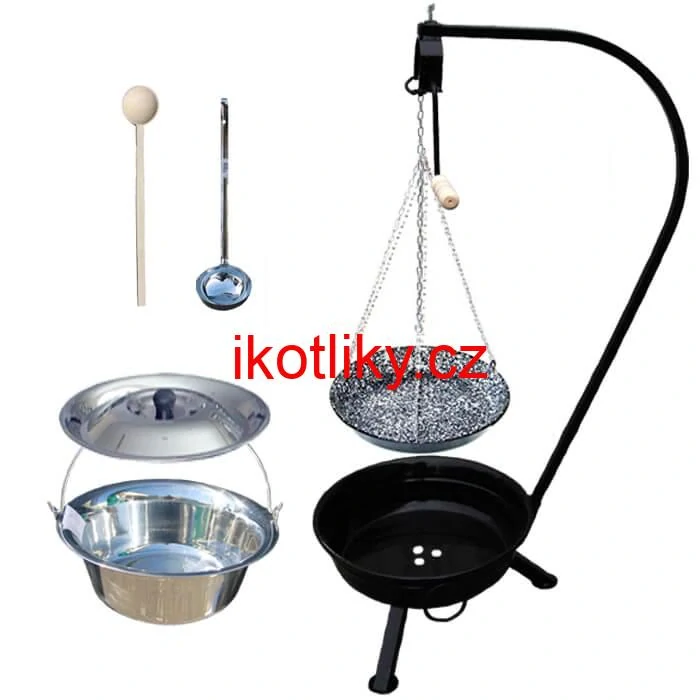 Nerezový kotlík 10 L (1,2 mm) INOX + smaltovaná pánev + ohniště se stojanem as pojistnou kladkou VAR
