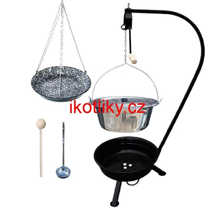 Nerezový kotlík 20 L (0,8 mm) INOX + smaltovaná pánev + ohniště se stojanem as pojistnou kladkou VAR
