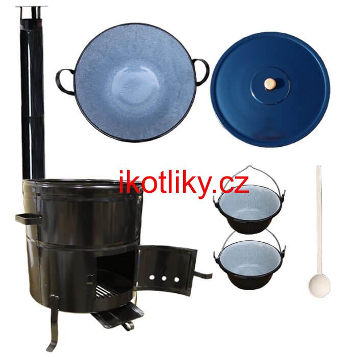 Zabijačkový smaltovaný kotel 80 L + kovová kotlina 58 cm + 2 servírovací kotlíky a kouřovod