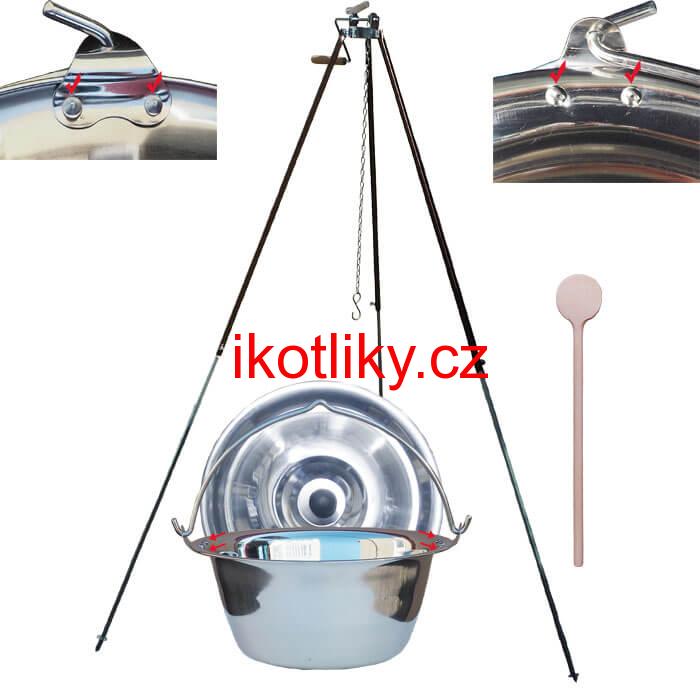 Nerezový kotlík 15 L (0,8 mm) s nýty + teleskopická trojnožka s pojistnou kladkou + poklice