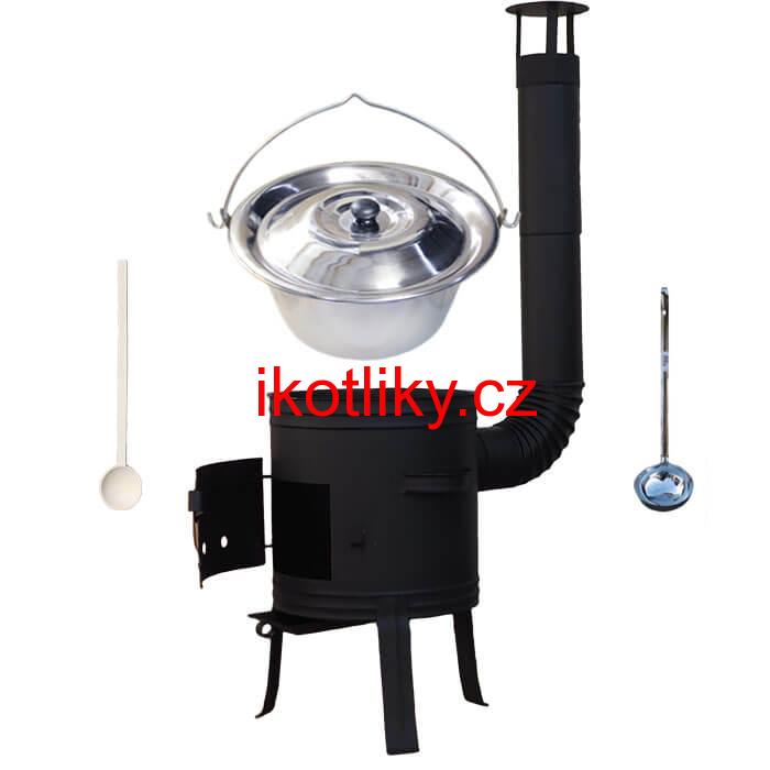 Nerezový kotlík 10 L (1,2 mm) + nízká žáruvzdorná kotlina 33 cm PLUS 700 + vařečka a naběračka