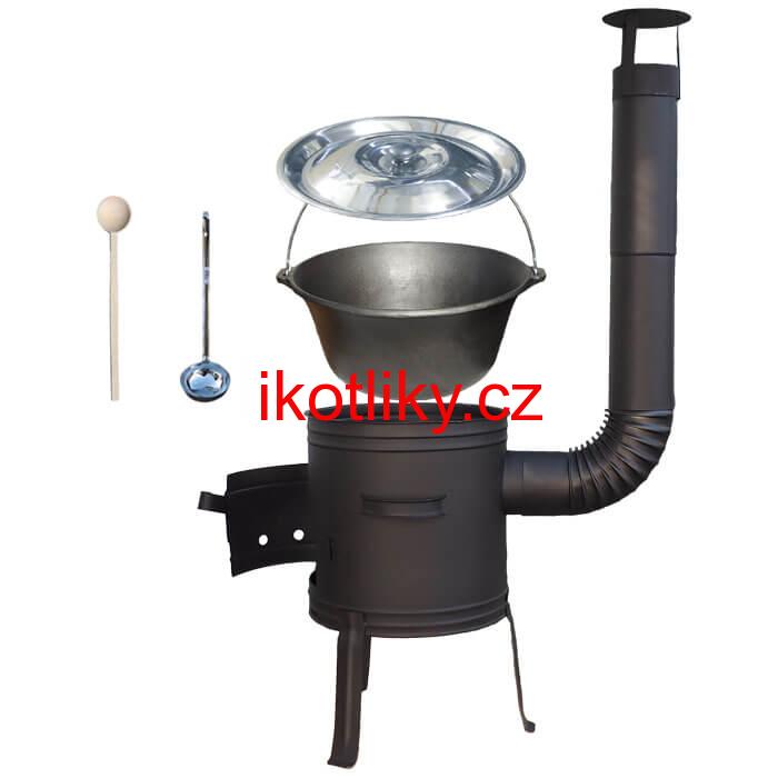Litinový kotlík 10 L + nízká žáruvzdorná kotlina 33 cm PLUS 700 + vařečka a naběračka