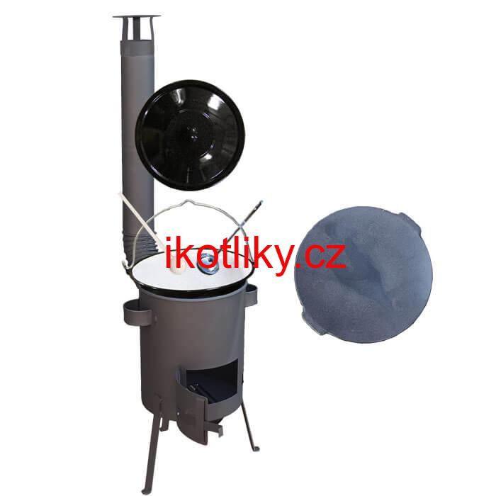 Smaltovaný kotlík 20 L + Litinová pánev 45 cm + žáruvzdorná kotlina 42 PLUS 600 s roštem na popel 4 mm