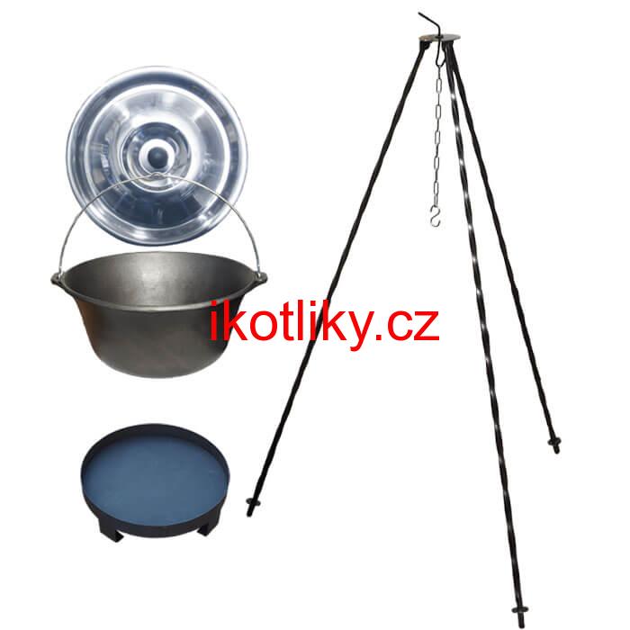 Litinový kotlík 10,8 L + nerezová poklice  + trojnožka 1,2 m + ohniště 36 cm