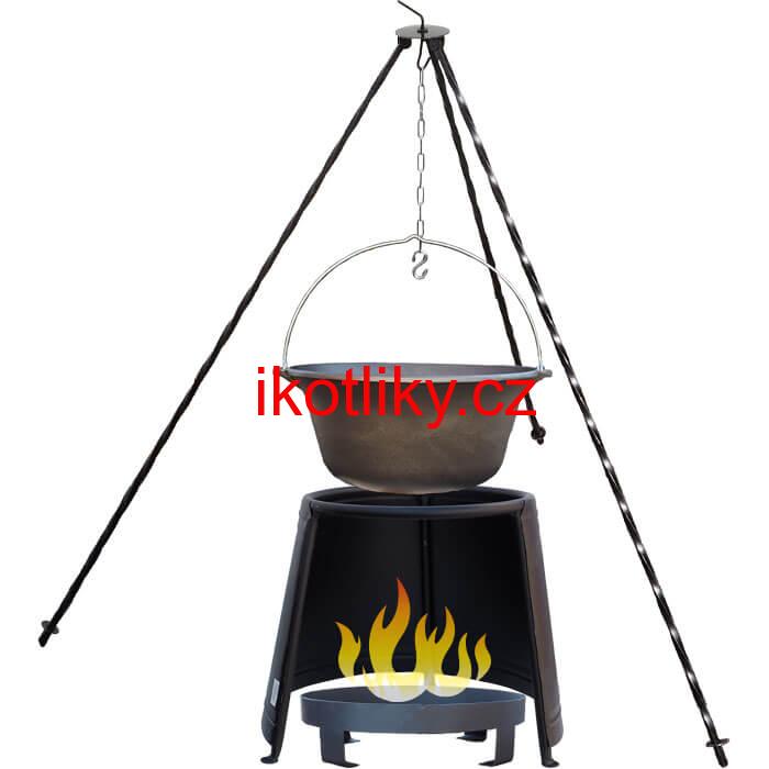 Litinový kotlík 7,2 L + chránič plamene 32 cm + ohniště 36 cm + trojnožka 1,2 m