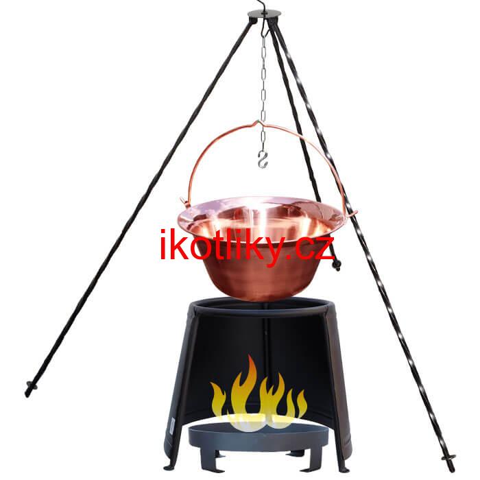 Měděný kotlík 20 L (1,2 mm) + chránič plamene 43 cm + ohniště 36 cm + trojnožka 1,2 m