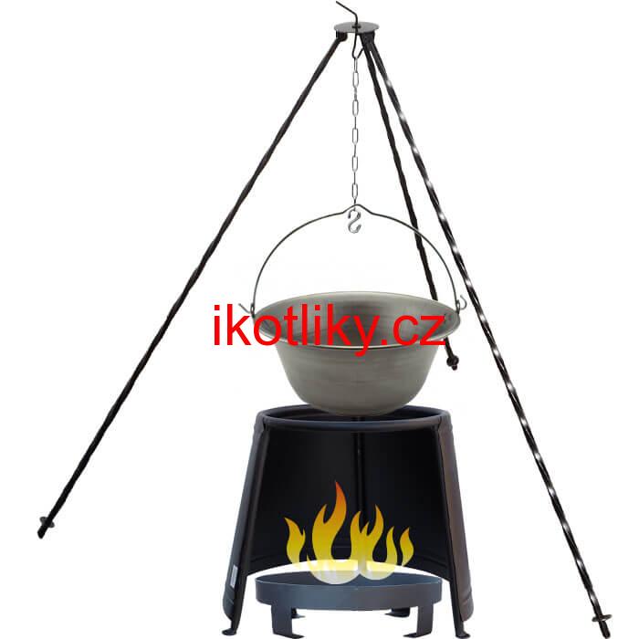 Železný kotlík 14 L (0,75 mm) + chránič plamene 37 cm + ohniště 36 cm + trojnožka 1,2 m