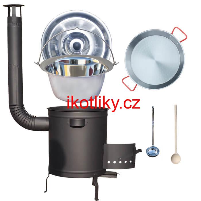 Nerezový kotlík 14 L (0,8 mm) + Paella pánev 38 cm + silnostěnná (1,5 mm) žáruvzdorná kotlina (1,5 mm) 36 PLUS 600