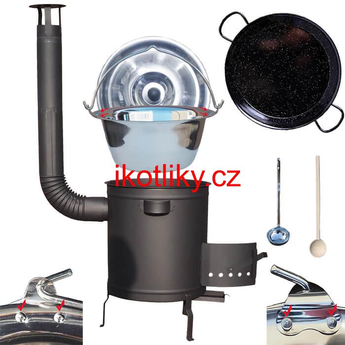 Nerezový kotlík 15 L (0,8 mm) zesílený s nýty + Paella pánev 38 cm + silnostěnná (1,5 mm) žáruvzdorná kotlina 36 PLUS 600