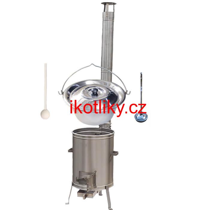 Nerezový kotlík 30 L (0,8 mm) zesílený s nýty + nerezová kotlina 45 cm LUX + vařečka a naběračka