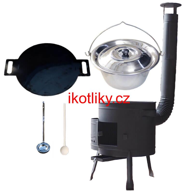 Nerezový kotlík 15 L (1,2 mm) + železná pánev 38 cm UNI + kotlina 36 cm PLUS 600