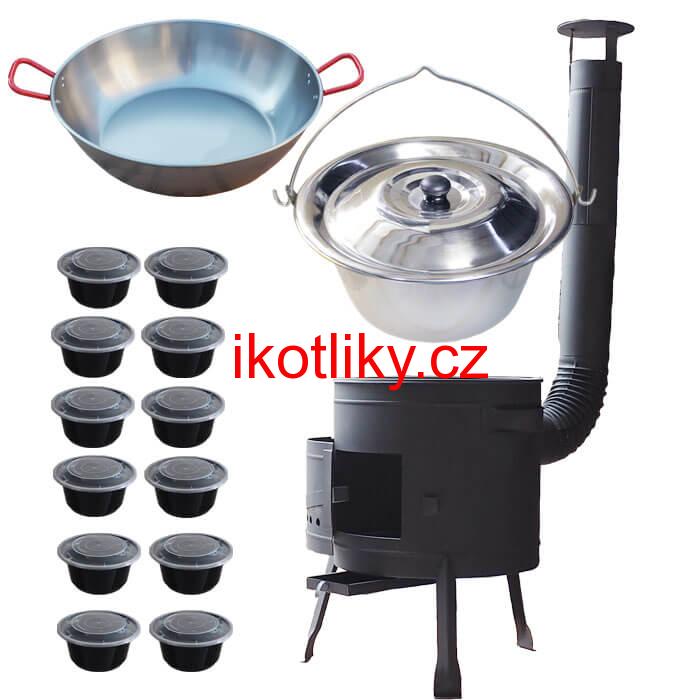 Nerezový kotlík 22 L (0,8 mm) INOX + Pánev PAELLA (WOK) 45 cm + misky 12 ks + nízká kotlina 42 PLUS 600